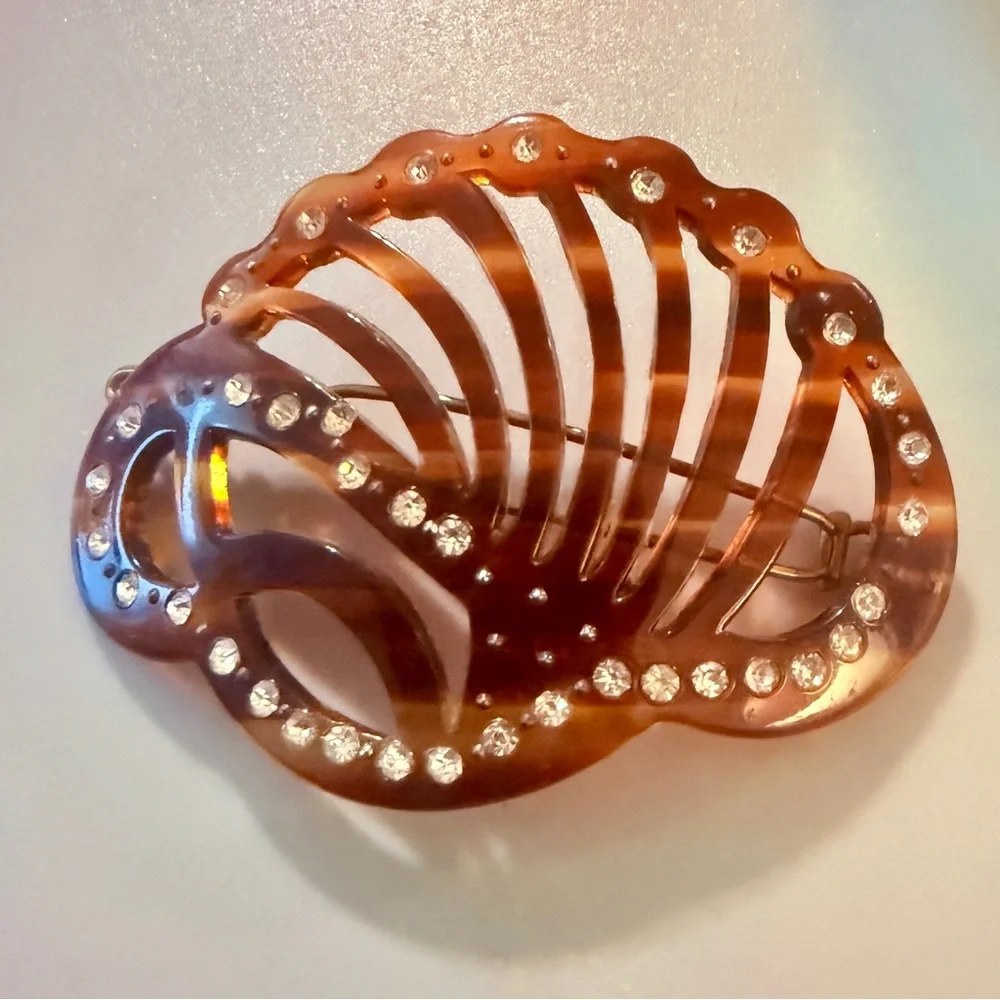 1960’s Tortoiseshell French Rhinestone Barrette, Handmade‎ in Paris, Deadstock